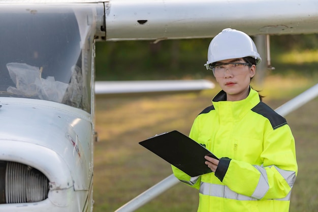 Técnico arreglando el motor del avión. Ingeniería aeroespacial femenina revisando motores de aviones. Mantenimiento mecánico asiático inspecciona el motor del avión