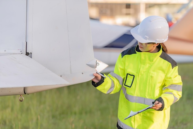 Técnico arreglando el motor del avión. Ingeniería aeroespacial femenina revisando motores de aviones. Mantenimiento mecánico asiático inspecciona el motor del avión