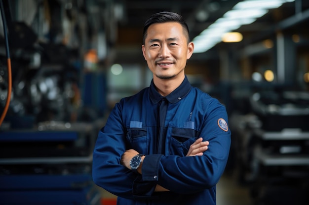 Foto técnico asiático, mecânico de automóveis, braços cruzados na garagem de uma oficina de reparação de automóveis moderna.