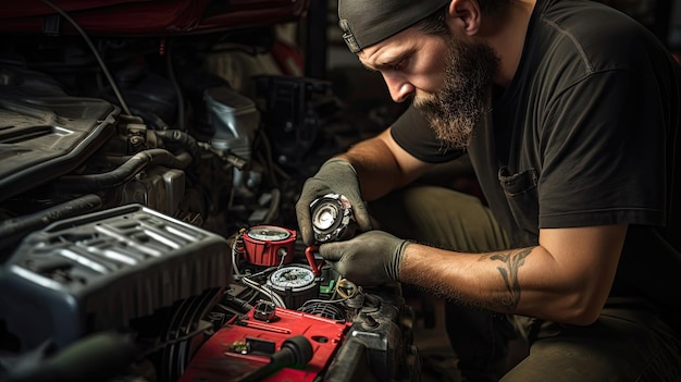 Técnico automotriz mientras revisa y reemplaza cuidadosamente las bujías del automóvil, lo que garantiza un encendido y un rendimiento del motor óptimos para una conducción suave y eficiente. Generado por IA