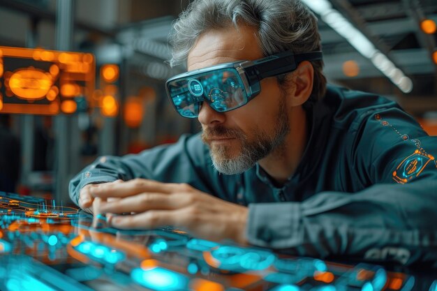 Técnico de automóviles EV Ingeniero que utiliza software de gafas de realidad virtual para comprobar el vehículo EV IA generativa