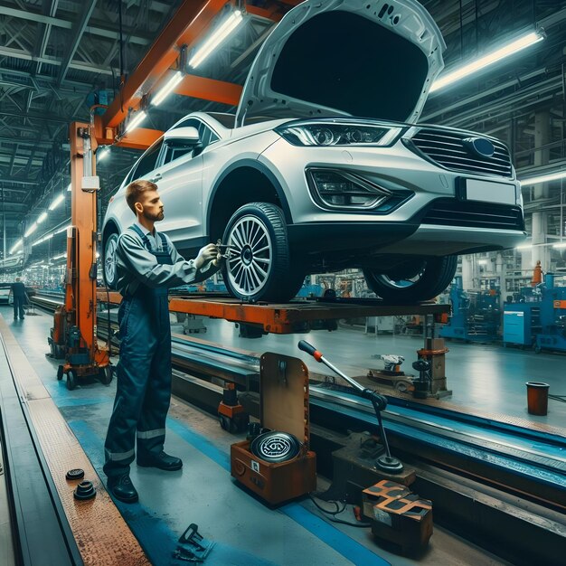 Técnico de automóviles hábil montando neumáticos en un automóvil en una fábrica de vehículos modernos Mecánico de automóviles