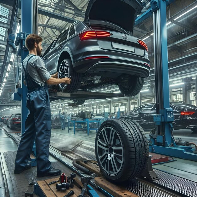 Técnico de automóviles hábil montando neumáticos en un automóvil en una fábrica de vehículos modernos Mecánico de automóviles