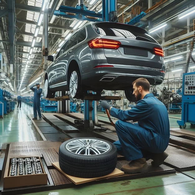 Técnico de automóviles hábil montando neumáticos en un automóvil en una fábrica de vehículos modernos Mecánico de automóviles