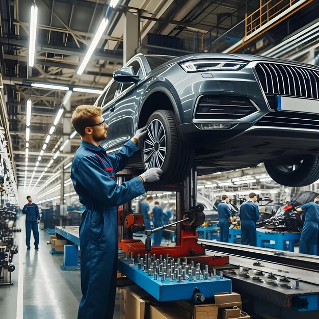 Técnico de automóviles hábil montando neumáticos en un automóvil en una fábrica de vehículos modernos Mecánico de automóviles