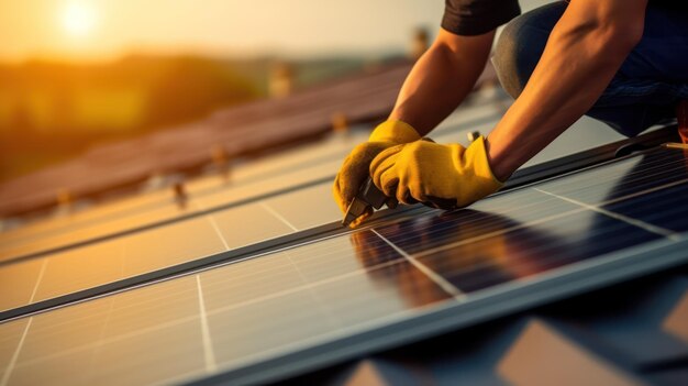 Un técnico con un casco de construcción monta un panel solar en el techo de un edificio