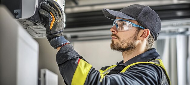 Técnico de climatización con guantes, gorra y gafas, reparando y realizando tareas de mantenimiento de forma segura en interiores de manera profesional y concentrada