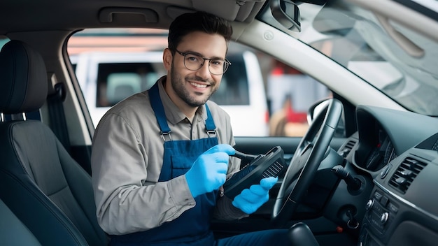 Foto técnico de comprobación del sistema de aire acondicionado del coche reparador de recarga de refrigerante que sostiene la herramienta de monitor para