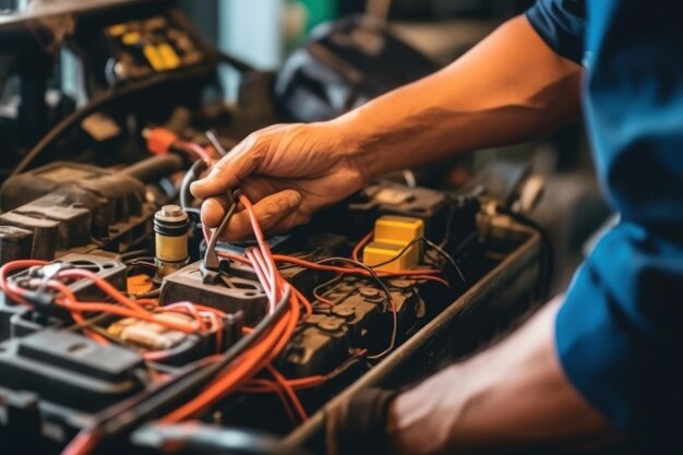 El técnico comprueba el sistema eléctrico dentro del coche.