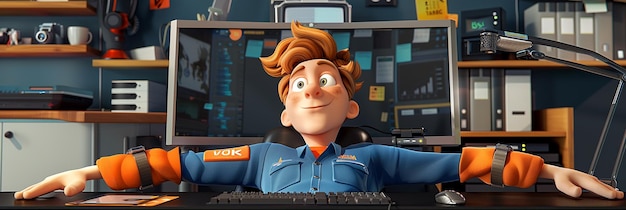Técnico de computadoras de dibujos animados en 3D relajado y trabajador