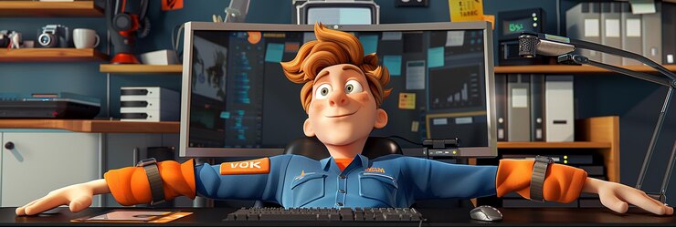 Foto técnico de computadoras de dibujos animados en 3d relajado y trabajador