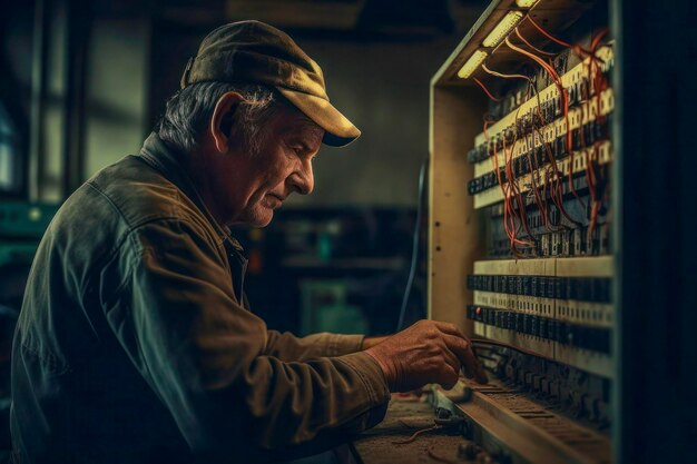 Foto técnico concentrado na fiação de painéis elétricos