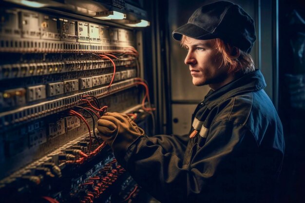 Foto técnico concentrado na fiação de painéis elétricos