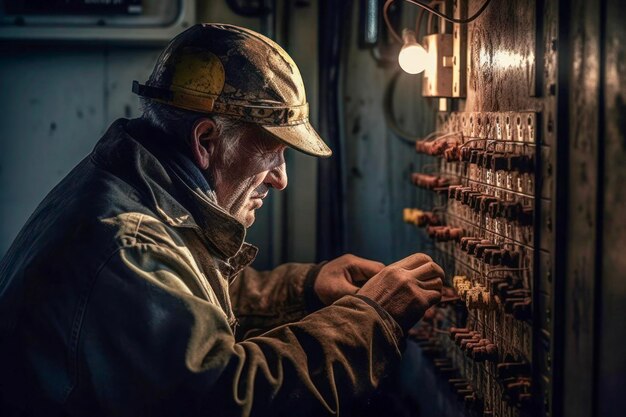 Técnico concentrado na fiação de painéis elétricos