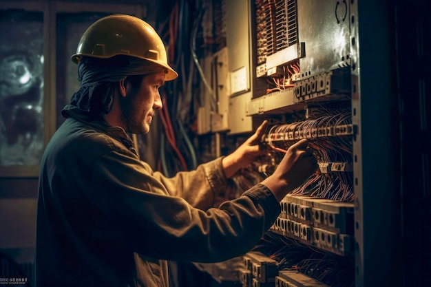 Foto técnico concentrado na fiação de painéis elétricos