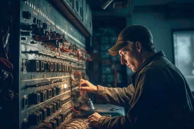 Foto técnico concentrado na fiação de painéis elétricos