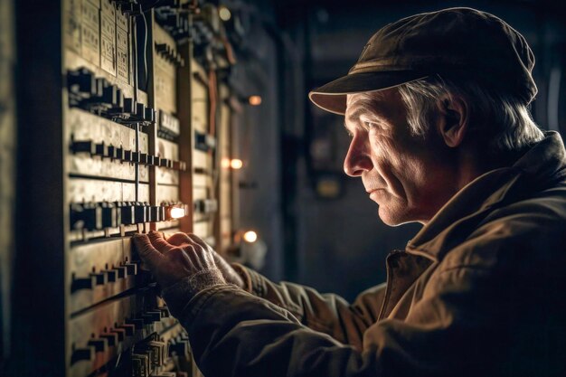 Foto técnico concentrado na fiação de painéis elétricos