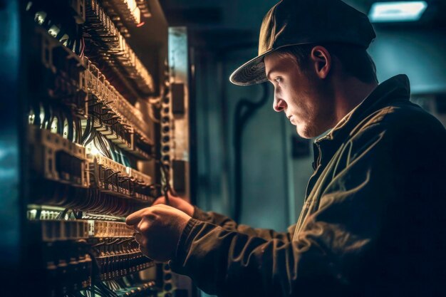 Foto técnico concentrado na fiação de painéis elétricos