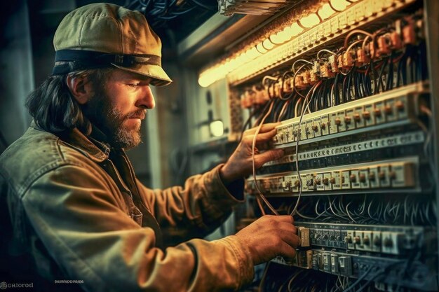 Foto técnico concentrado na fiação de painéis elétricos