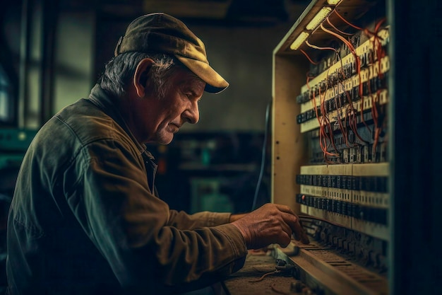 Foto técnico concentrado na fiação de painéis elétricos