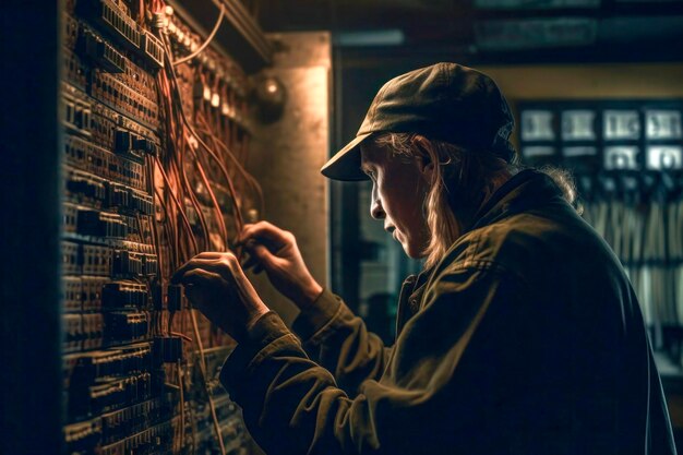 Foto técnico concentrado na fiação de painéis elétricos