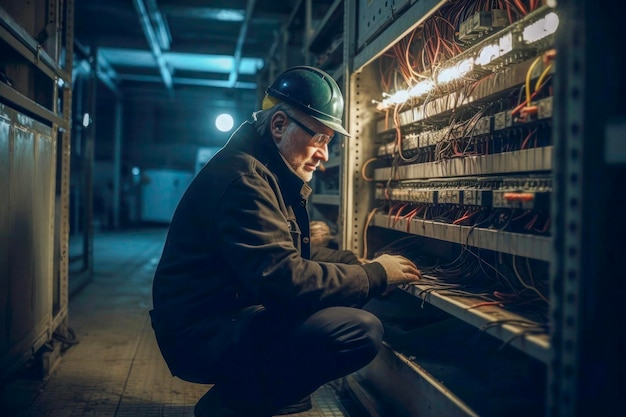 Técnico concentrado na fiação de painéis elétricos