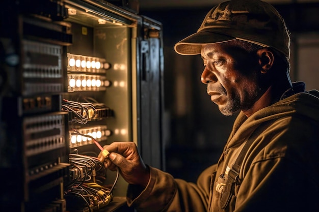 Foto técnico concentrado na fiação de painéis elétricos