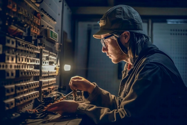 Técnico concentrado na fiação de painéis elétricos