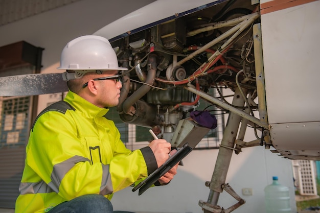 Técnico consertando o motor do aviãoEngenharia aeroespacial feminina verificando motores de aeronavesA manutenção mecânica asiática inspeciona o motor do avião