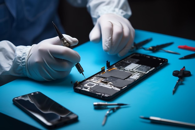 Foto técnico cualificado en guantes antiestáticos reparando un teléfono móvil roto