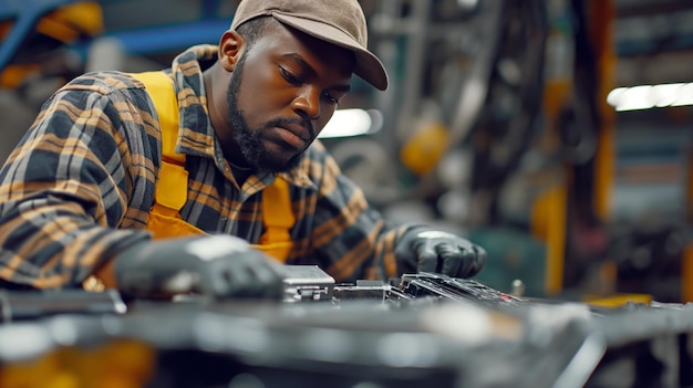 Técnico cualificado que realiza el mantenimiento de automóviles híbridos de reemplazo de baterías