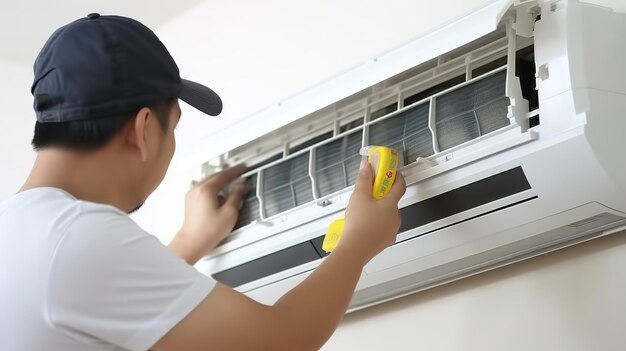 Foto técnico de ar condicionado que instala o filtro do ar condicionado conceito do ar condicionados