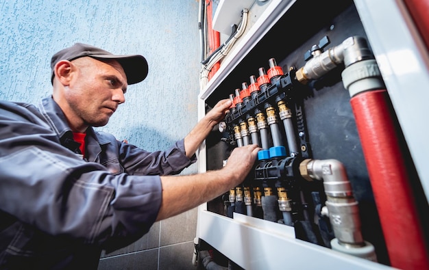 Técnico de climatização fazendo manutenção no sistema de aquecimento e resfriamento doméstico