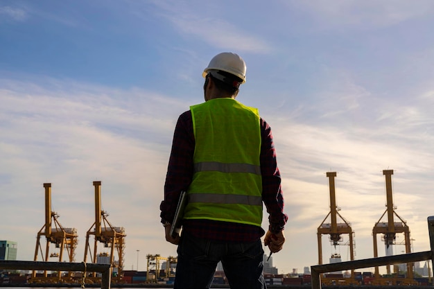 Técnico de engenharia olhando para cima e analisando um projeto de construção inacabado