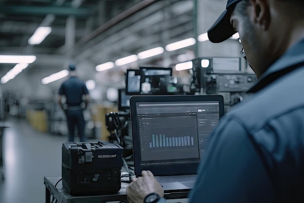 Técnico de engenharia usando uniforme de EPI de segurança que registra dados do monitor de exibição Generative AI