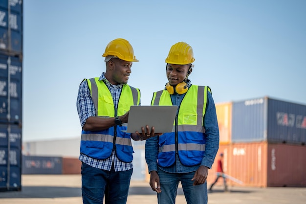 Técnico de Engenheiro Africano segurando laptop para verificar e inspecionar a área de contêineres do local