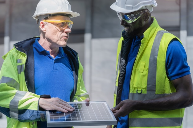 Técnico de fábrica mostrando e verificando célula solar para seu colega de trabalho