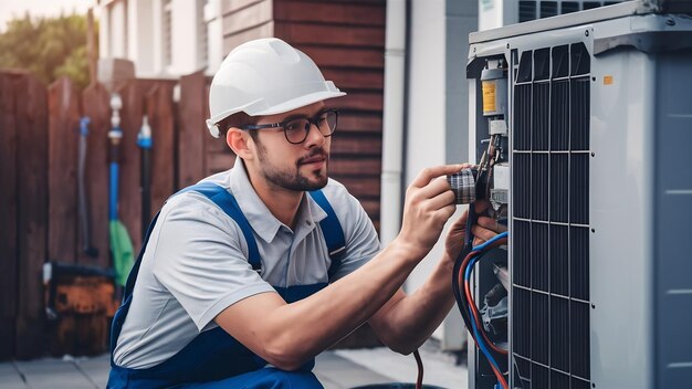 Foto técnico de hvac a trabalhar numa parte de condensador para uma unidade de condensação