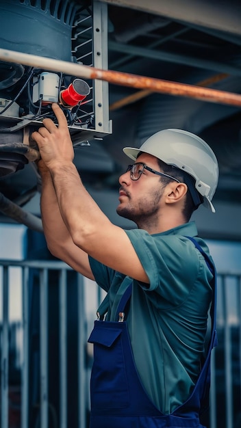 Foto técnico de hvac a trabalhar numa parte de condensador para uma unidade de condensação