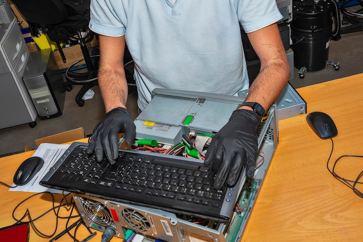 Foto técnico de informática trabalhando em oficina
