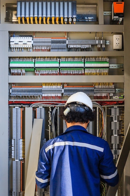 Foto técnico de instrumento na fiação de verificação de tarefas no gabinete de plc