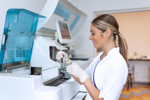 Técnico de laboratório carregando amostras em um analisador químico técnico de laboratório feminino carregando espécime para análise de teste de coagulação