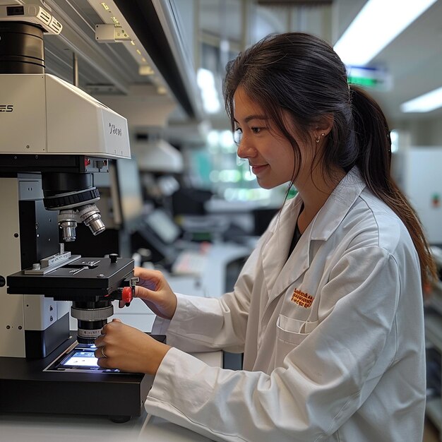 Foto técnico de laboratório que manipula uma máquina de microtoma médico