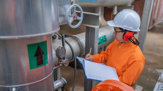 Técnico de manutenção numa central de aquecimento Trabalhadores petroquímicos supervisionam a operação de gasodutos e oleodutos na fábrica Engenheiros colocam protetor auditivo numa sala com muitos tubos