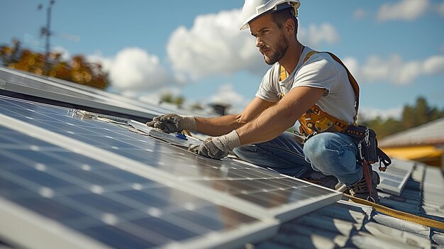 Técnico de painéis solares a instalar painéis solares no telhado