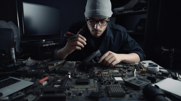 Técnico dedicado a la reparación de computadoras en el trabajo