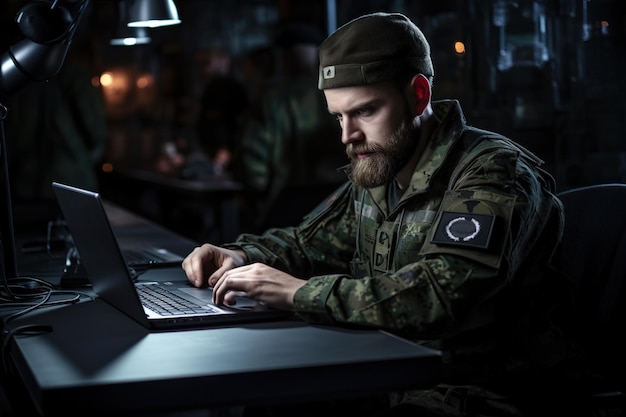 Técnico do exército masculino caucasiano em traje camuflado e chapéu digitando no teclado do computador portátil