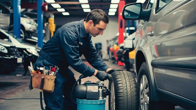 Técnico é inflar pneus de carro serviço de manutenção de carro segurança de transporte