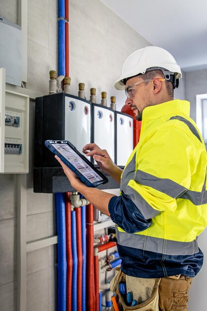 Foto técnico eléctrico que parece concentrado mientras trabaja en un cuadro de distribución con fusibles