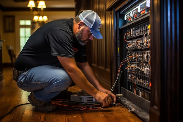 Técnico elétrico experiente a instalar uma caixa de distribuição numa propriedade residencial